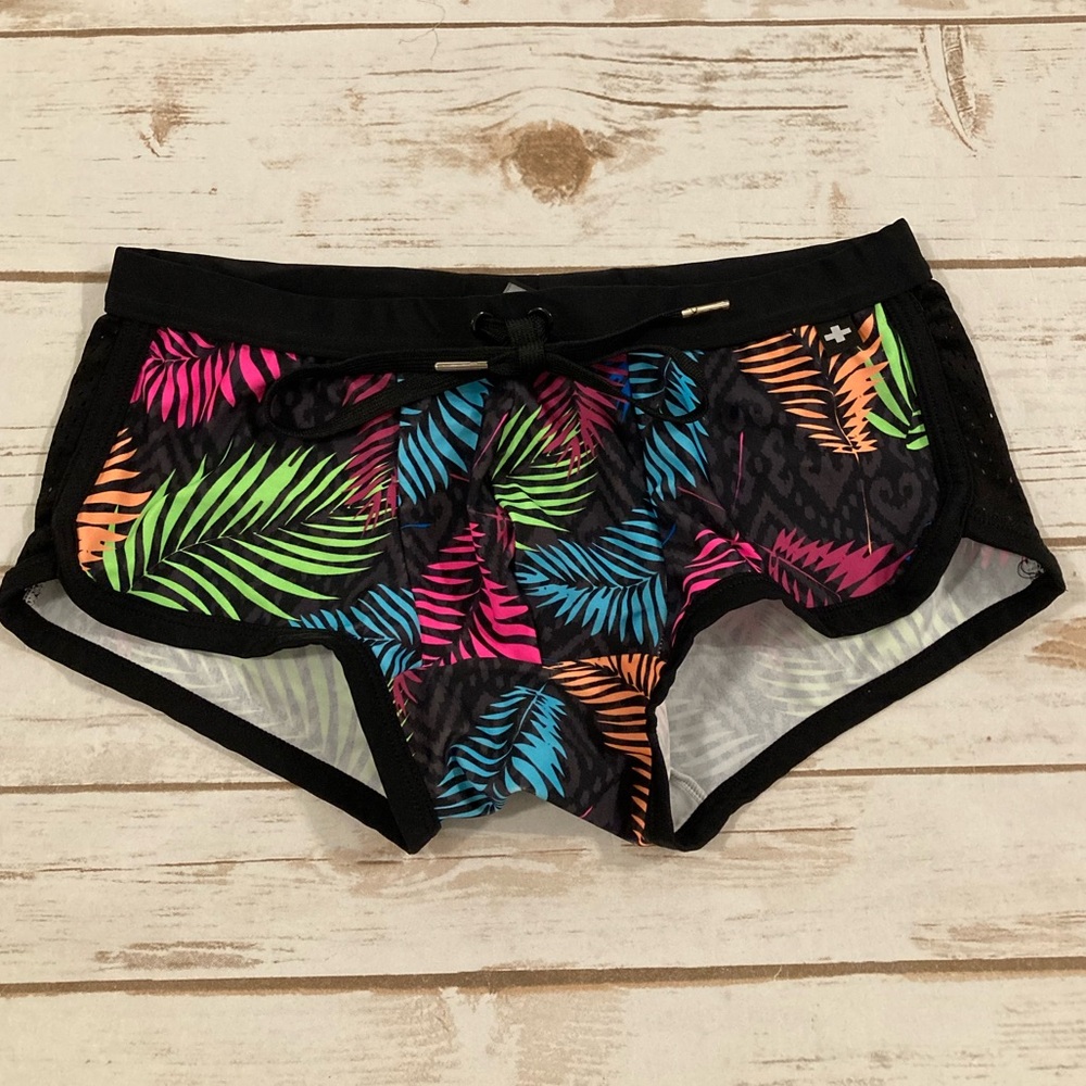 Andrew Christian Men’s Neon Palm Leaves Booty Swim Trunks Medium